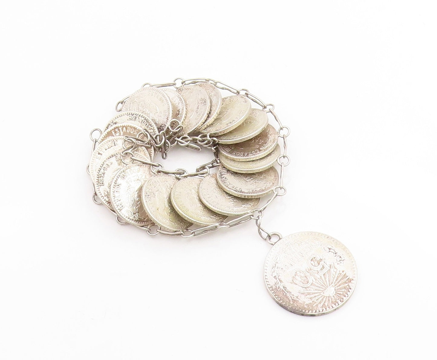 925 Sterling Silver Vintage Bracelet Modernist Mexican Peso Coin Link  BT12051