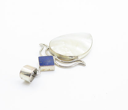 925 Sterling Silver  Shiny Mother Of Pearl & Lapis Lazuli Drop Pendant  PT6113