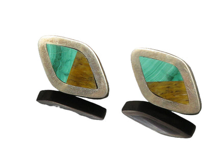 MEXICO 925 Silver  Vintage Inlaid Malachite & Tiger's Eye Drop Earrings EG5270