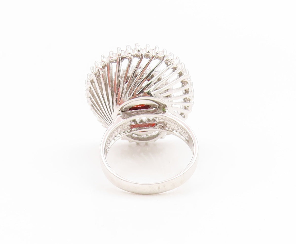 925 Sterling Silver Vintage Ring Red & White CZ Statement Band  Sz 9  RG35199