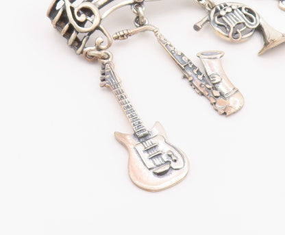 925 Sterling Silver Vintage Brooch Musical Notes & Dangling Instruments  BP11697