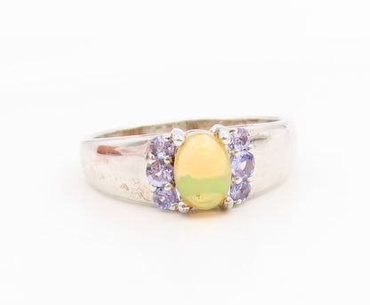 925 Sterling Silver Vintage Ring Oval Fire Opal & Tanzanite Band  Sz 10  RG35983