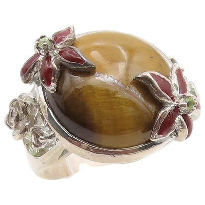 925 Sterling Silver Vintage Ring Tiger's Eye Enamel Floral Band  Sz 6  RG36723