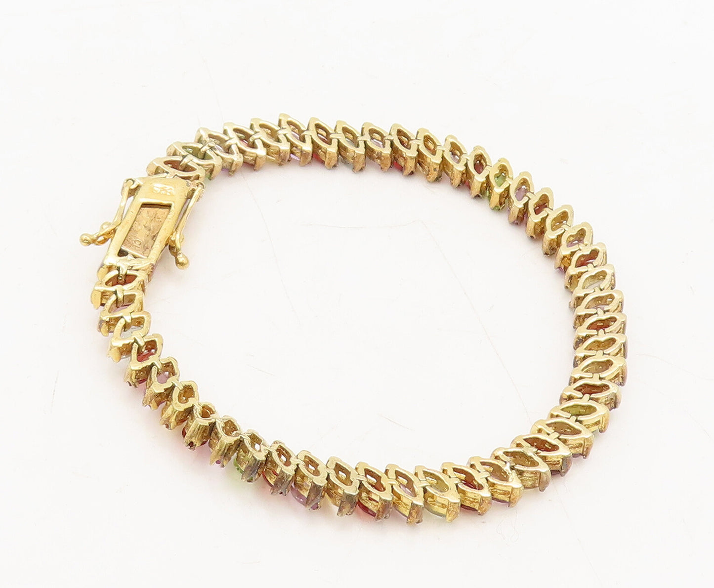 925 Sterling Silver Vintage Bracelet Gold Plated Marquise Rainbow Gems  BT10246