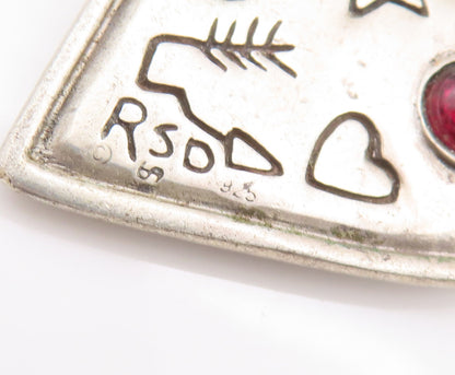 925 Sterling Silver Vintage Pendant Garnet Heart Etched Stars Moon  PT22557