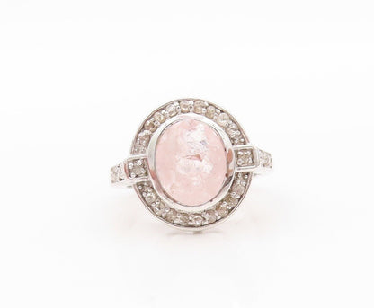 925 Sterling Silver Vintage Ring Oval Pink Gemstone Halo Diamonds  Sz 7  RG30179
