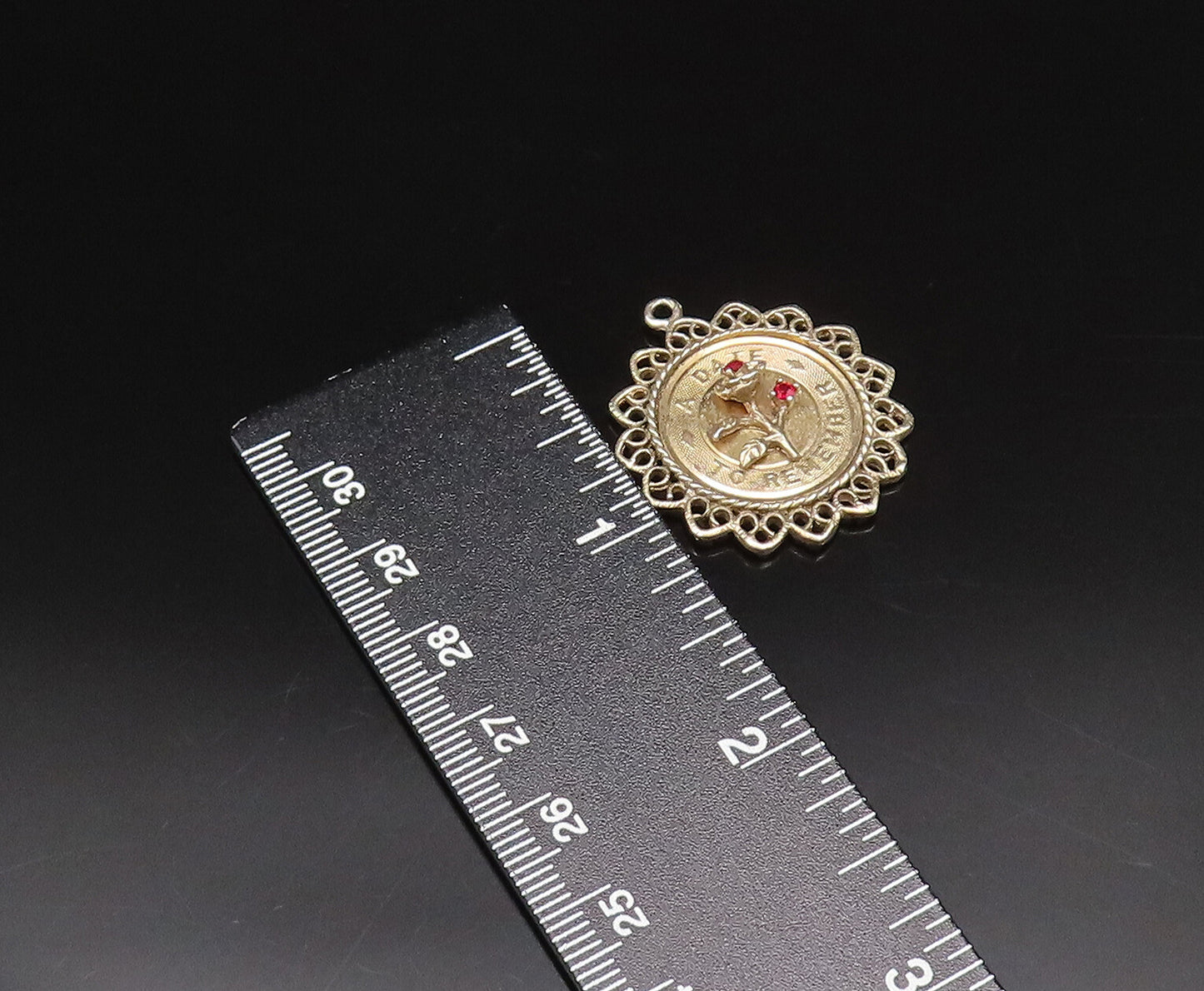 925 Sterling Silver Vintage Date To Remember Garnet Flower Medal Pendant PT21859