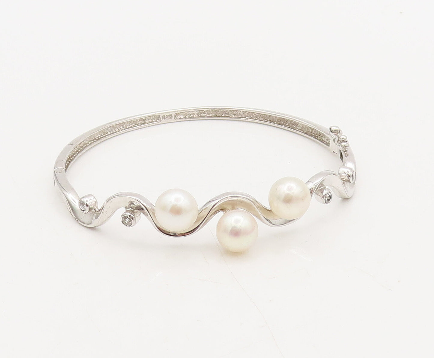 925 Sterling Silver  Vintage Pearl Topaz Beaded On Wave Cuff Bracelet  BT10062