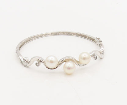 925 Sterling Silver  Vintage Pearl Topaz Beaded On Wave Cuff Bracelet  BT10062