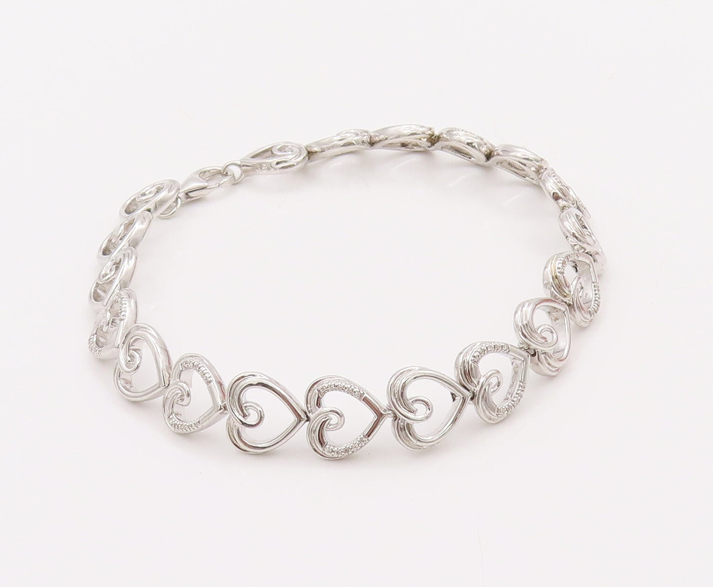 925 Sterling Silver Vintage Bracelet Cutout Real Diamonds Hearts Lined   BT10320