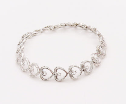 925 Sterling Silver Vintage Bracelet Cutout Real Diamonds Hearts Lined   BT10320