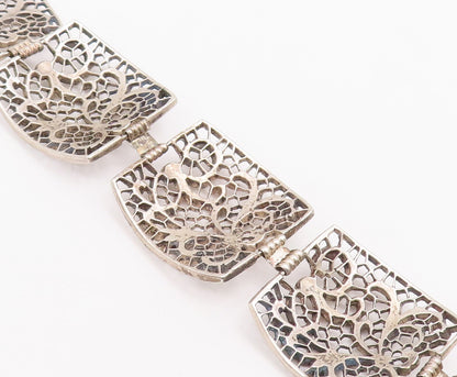 925 Sterling Silver Vintage Bracelet Web Effect Cutout Floral Carved  BT10547