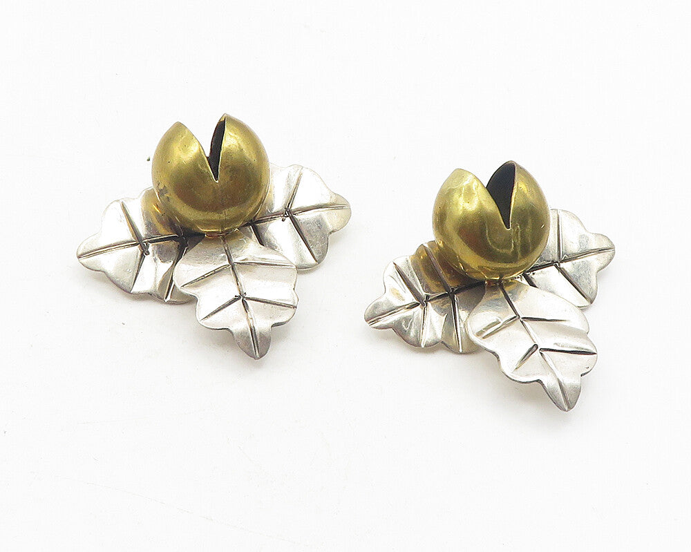 MEXICO 925 Sterling Silver  Vintage 2 Tone Floral Leaf Drop Earrings  EG6123