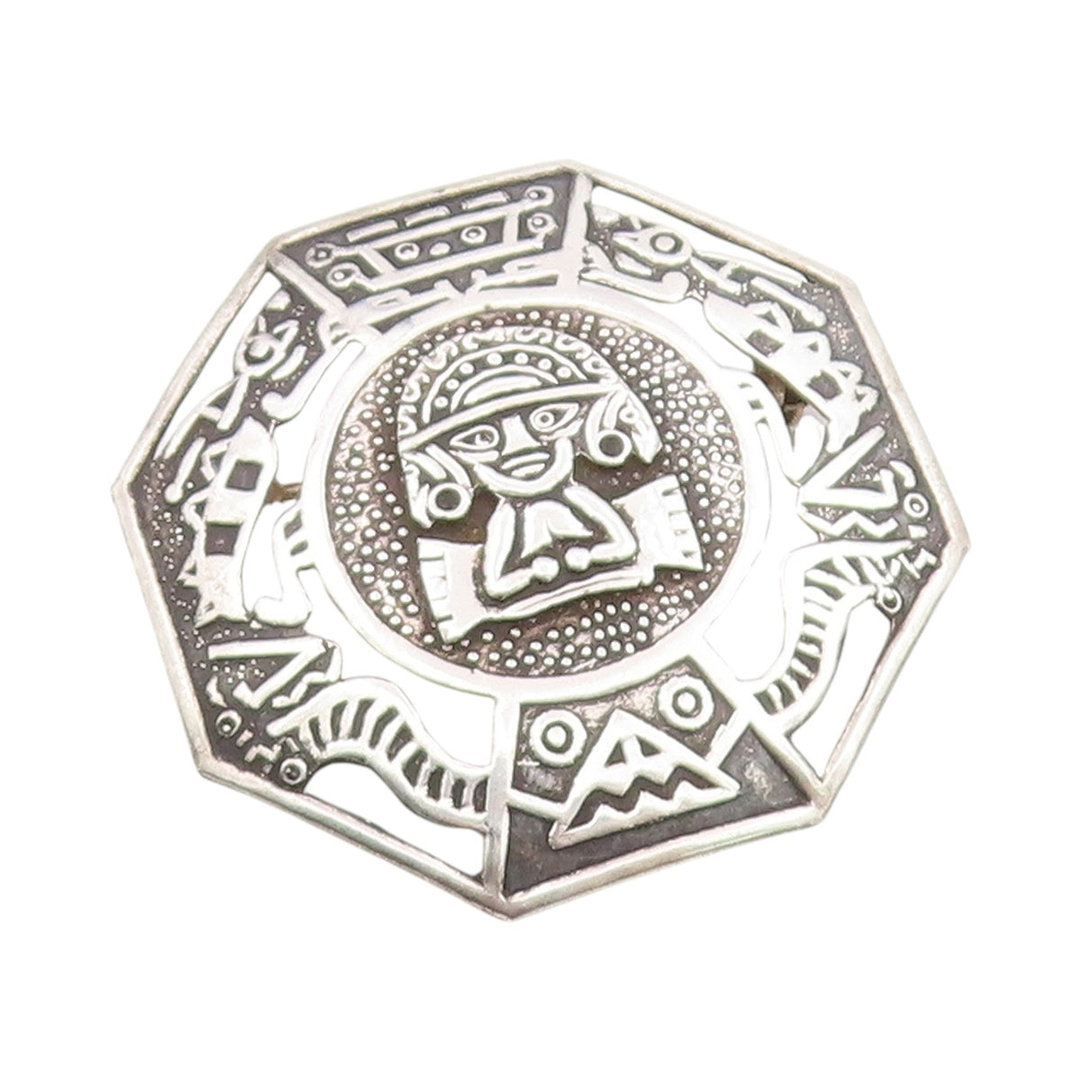 925 Sterling Silver Vintage Brooch PERU Aztec Andean Deity Octagonal Pin BP12010