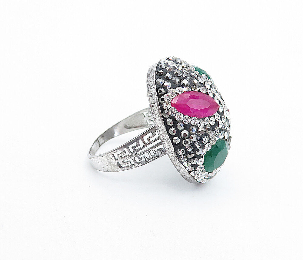 925 Sterling Silver Vintage Topaz & Crystal Dome Cocktail Ring Sz 7 RG5188