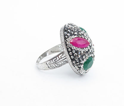 925 Sterling Silver Vintage Topaz & Crystal Dome Cocktail Ring Sz 7 RG5188