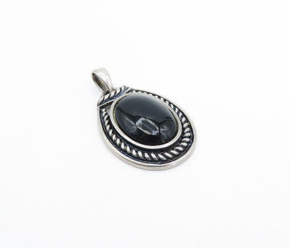 925 Sterling Silver  Vintage Cabochon Cut Black Onyx Twist Pendant  PT2565