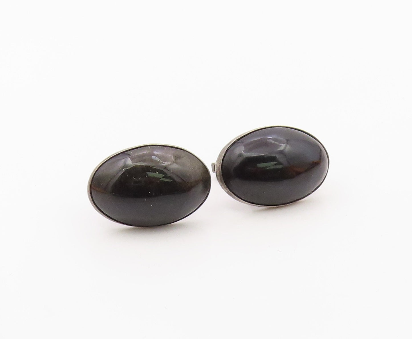 MEXICO 925 Silver  Vintage Cabochon Cut Black Onyx Oval Cuff Links  TR1833