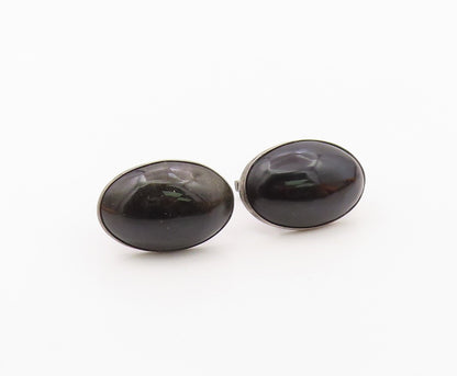 MEXICO 925 Silver  Vintage Cabochon Cut Black Onyx Oval Cuff Links  TR1833