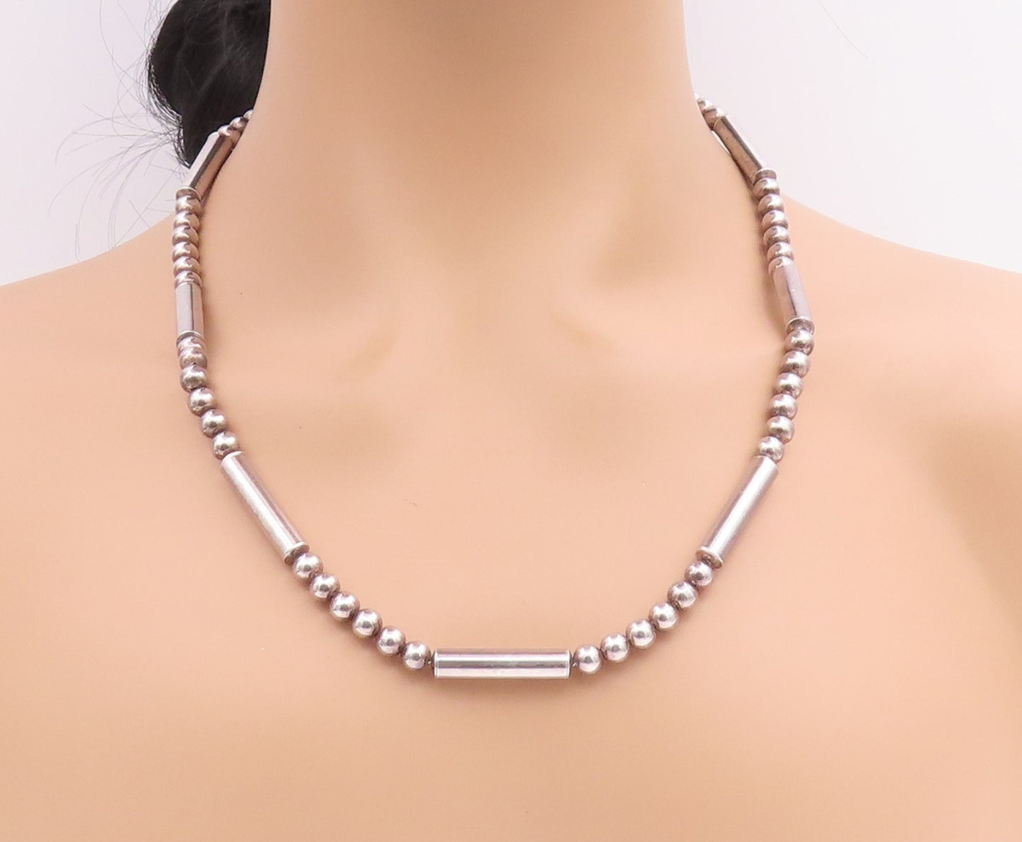 925 Sterling Silver Vintage Necklace Modernist Geometric Bead Bar Chain  NE4829