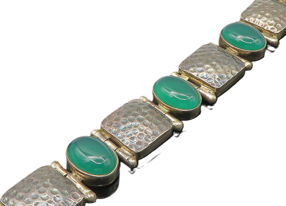925 Sterling Silver  Vintage Cabochon Green Carnelian Chain Bracelet  BT8732