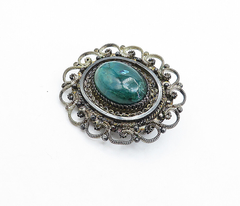 ISRAEL 925 Sterling Silver  Vintage Eilat Stone Swirl Border Brooch Pin BP2490