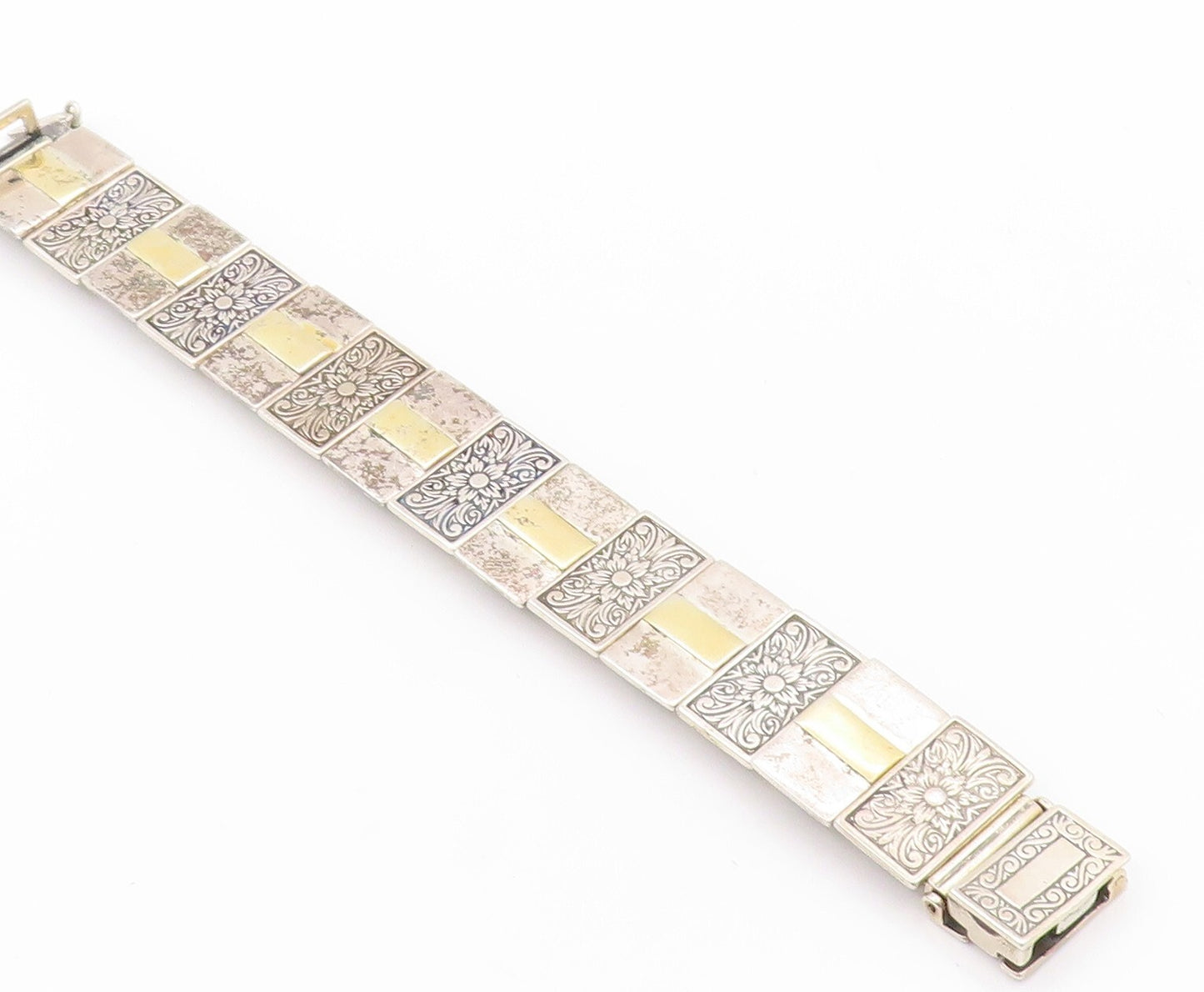 14k Gold 925 Sterling Silver Vintage Bracelet ISRAEL Floral Design  BT11044