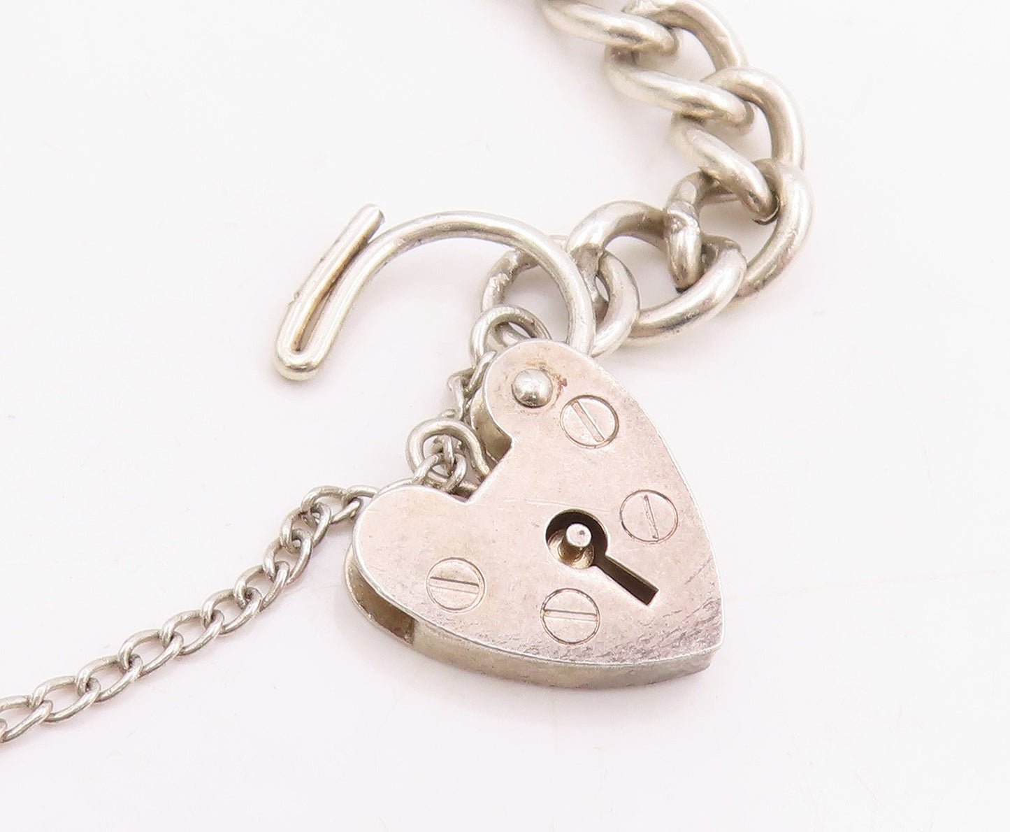 925 Sterling Silver Vintage Bracelet ENGLAND Heart Padlock & Bell Charm  BT11444