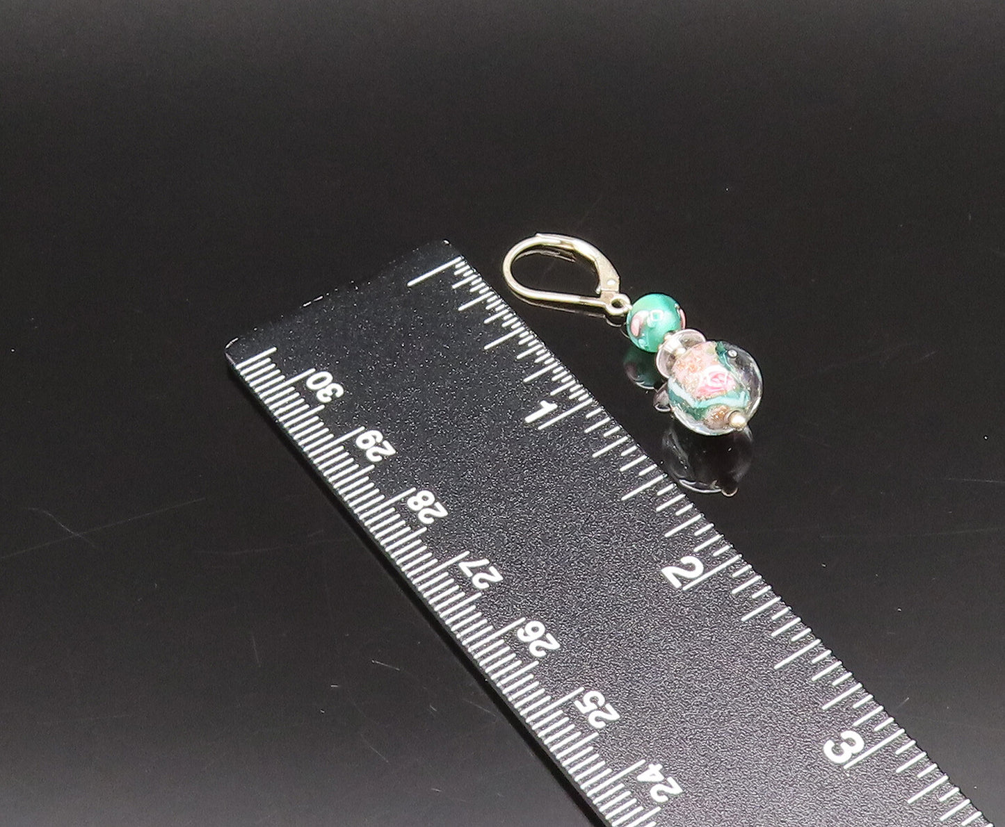 925 Silver  Vintage Beautiful Floral Bead Glass Art Dangle Earrings  EG12270