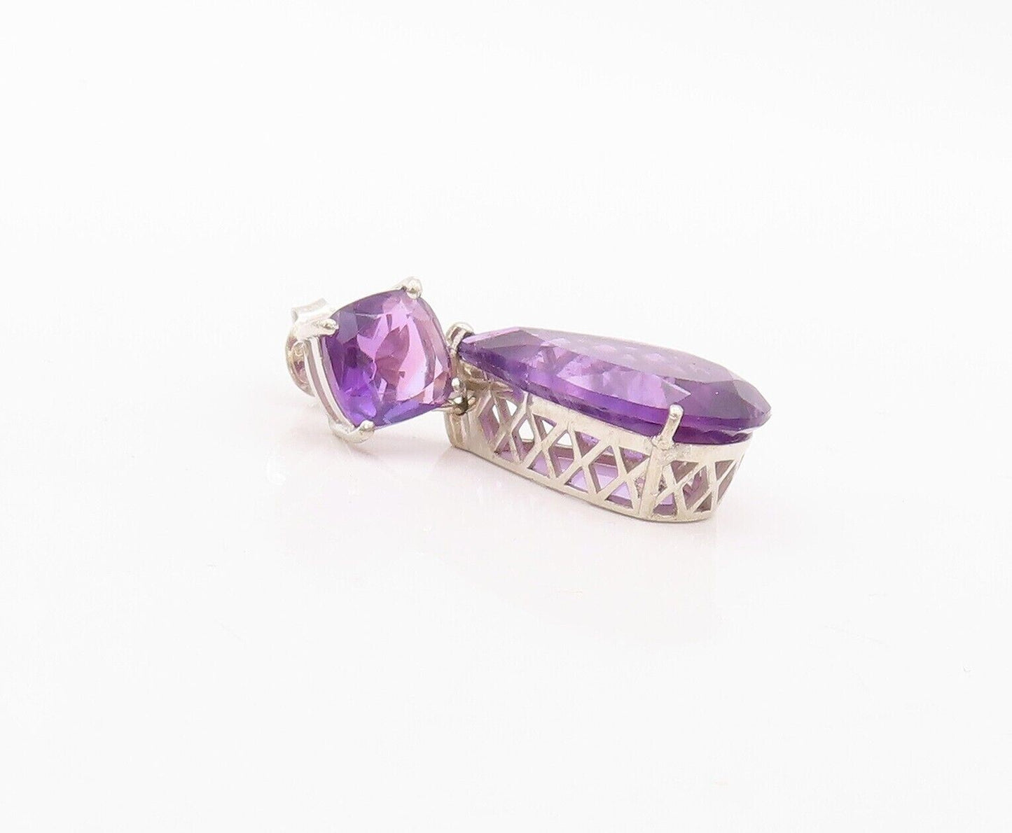 925 Sterling Silver Vintage Earrings Square & Drop Cut Dangling Amethyst EG13157