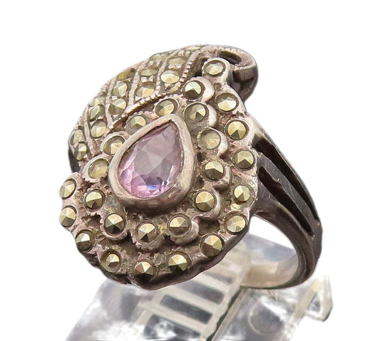 925 Sterling Silver  Vintage Amethyst & Marcasite Art Deco Ring Sz 6  RG26478