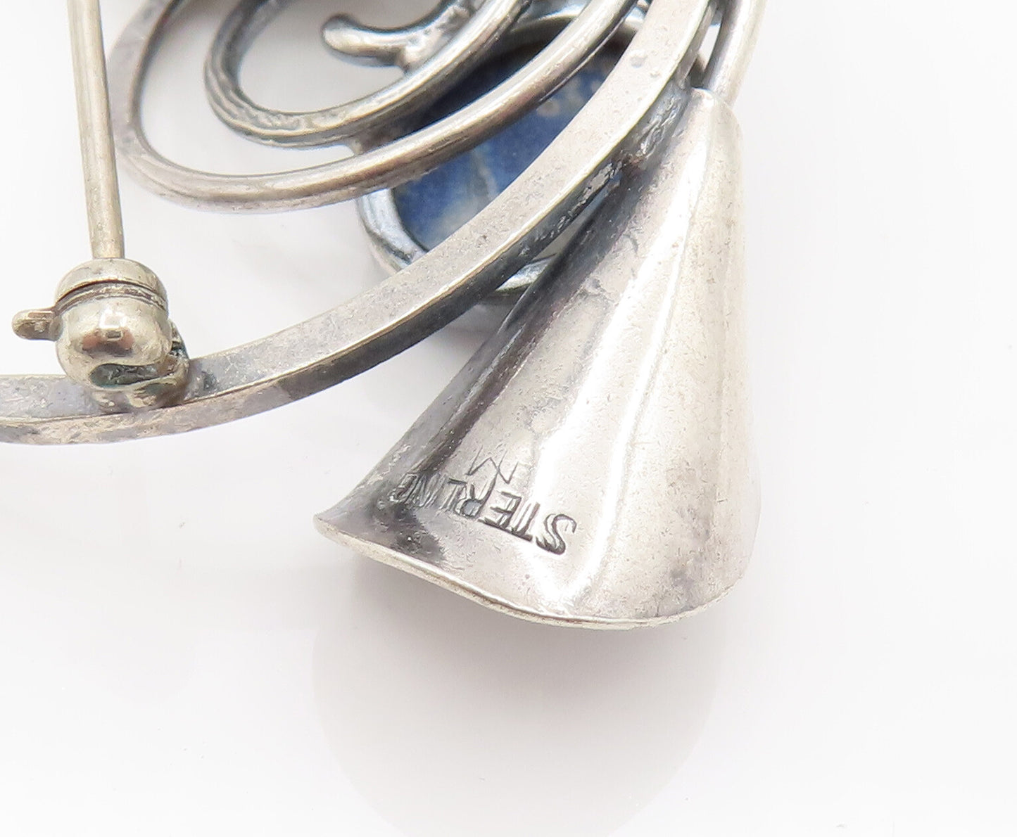 DESIGNER 925 Silver  Vintage Lapis Lazuli Calla Lily Stem Brooch Pin  BP10123