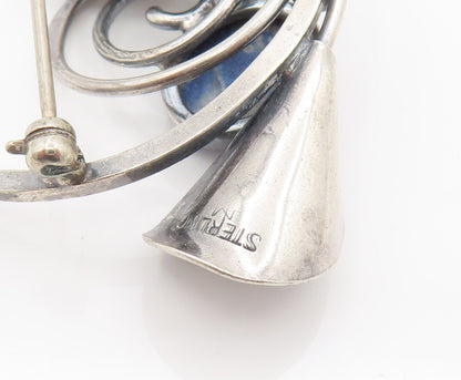 DESIGNER 925 Silver  Vintage Lapis Lazuli Calla Lily Stem Brooch Pin  BP10123