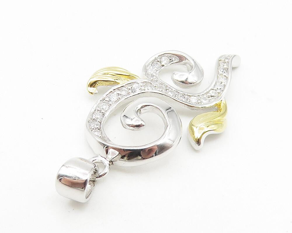 925 Sterling Silver  Sparkling Cubic Zirconia Two Tone Swirl Pendant  PT8980
