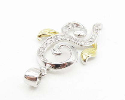 925 Sterling Silver  Sparkling Cubic Zirconia Two Tone Swirl Pendant  PT8980