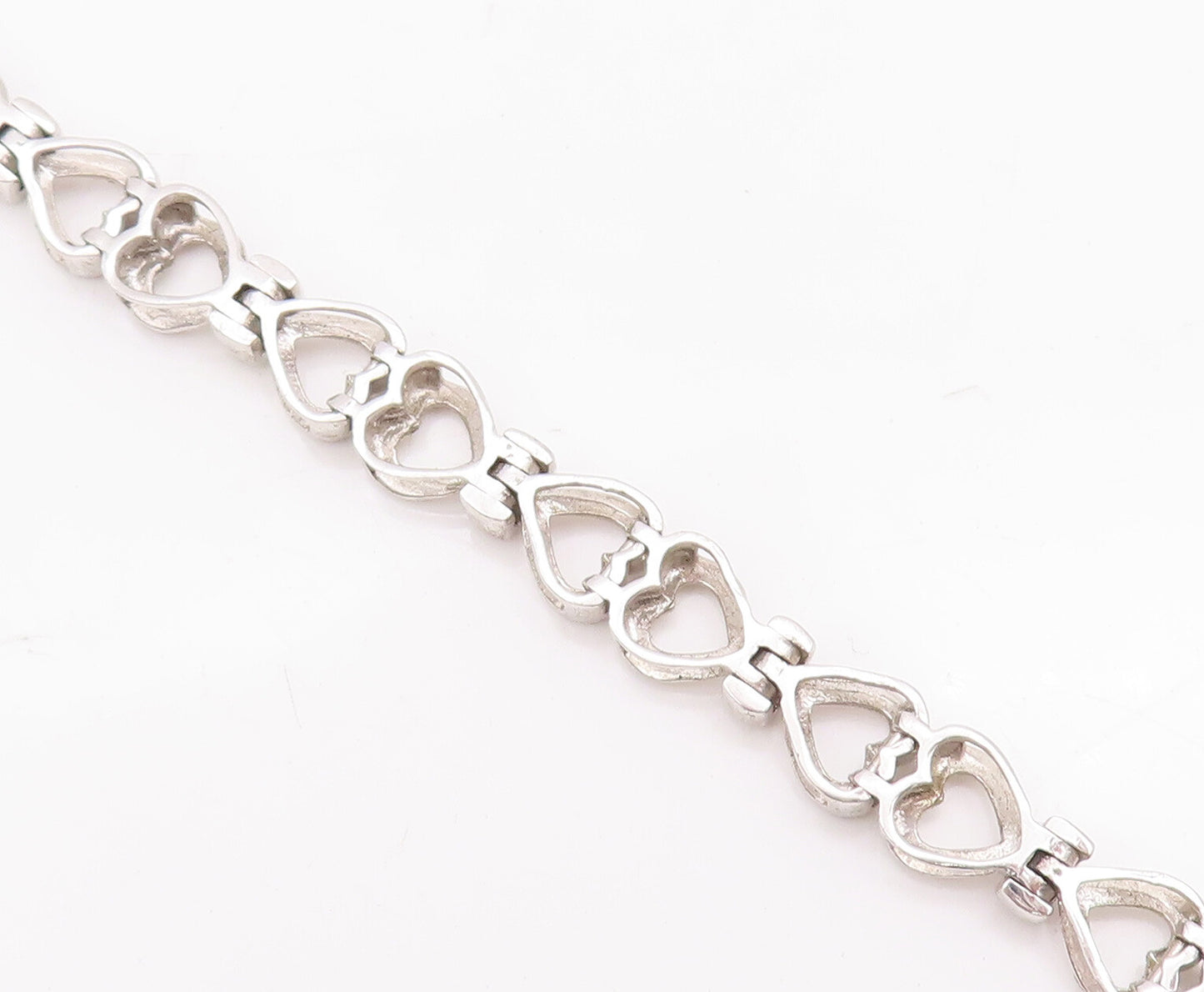 925 Sterling Silver Vintage Bracelet Cutout Real Diamonds Linked Hearts  BT10532
