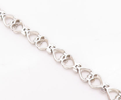 925 Sterling Silver Vintage Bracelet Cutout Real Diamonds Linked Hearts  BT10532