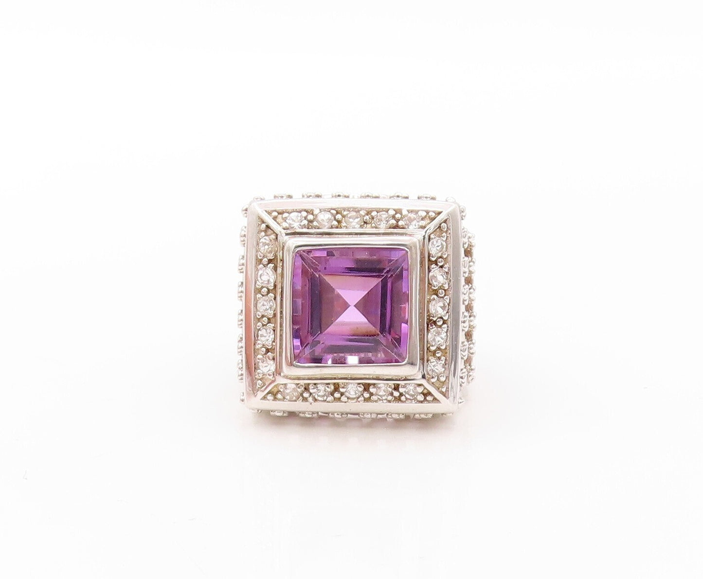 925 Sterling Silver Vintage Ring Swirly Carved Square Cut Amethyst Sz 7  RG30831