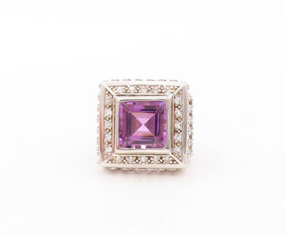925 Sterling Silver Vintage Ring Swirly Carved Square Cut Amethyst Sz 7  RG30831