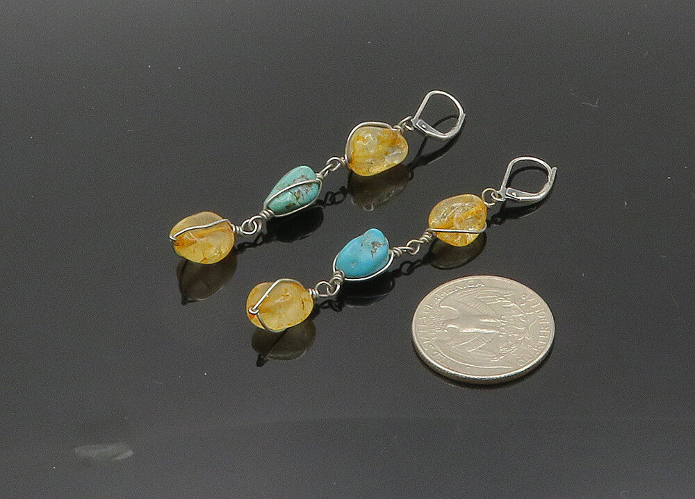 925 Sterling Silver  Vintage Turquoise & Quartz Dangle Earrings  EG10016