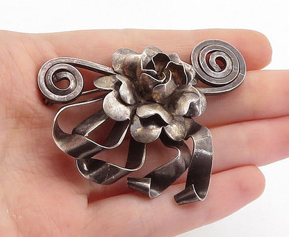 RAFFAELE 925 Silver  Vintage Oxidized Flower Ribbon Bow Brooch Pin  BP2663