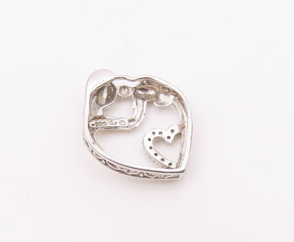 925 Sterling Silver  Genuine Diamonds Mom & Baby Love Heart Pendant  PT7849