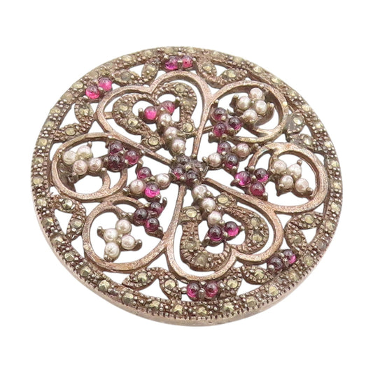 925 Sterling Silver Vintage Brooch Marcasite & Pearl Floral Scrollwork  BP11998