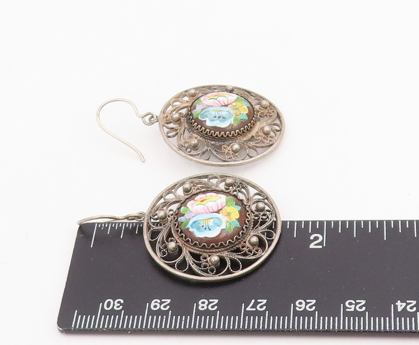 925 Sterling Silver Vintage Earrings Floral Enamel Filigree Dangle  EG14079