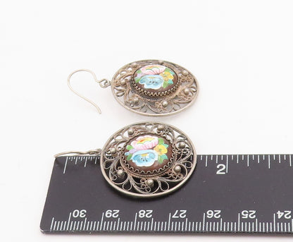 925 Sterling Silver Vintage Earrings Floral Enamel Filigree Dangle  EG14079