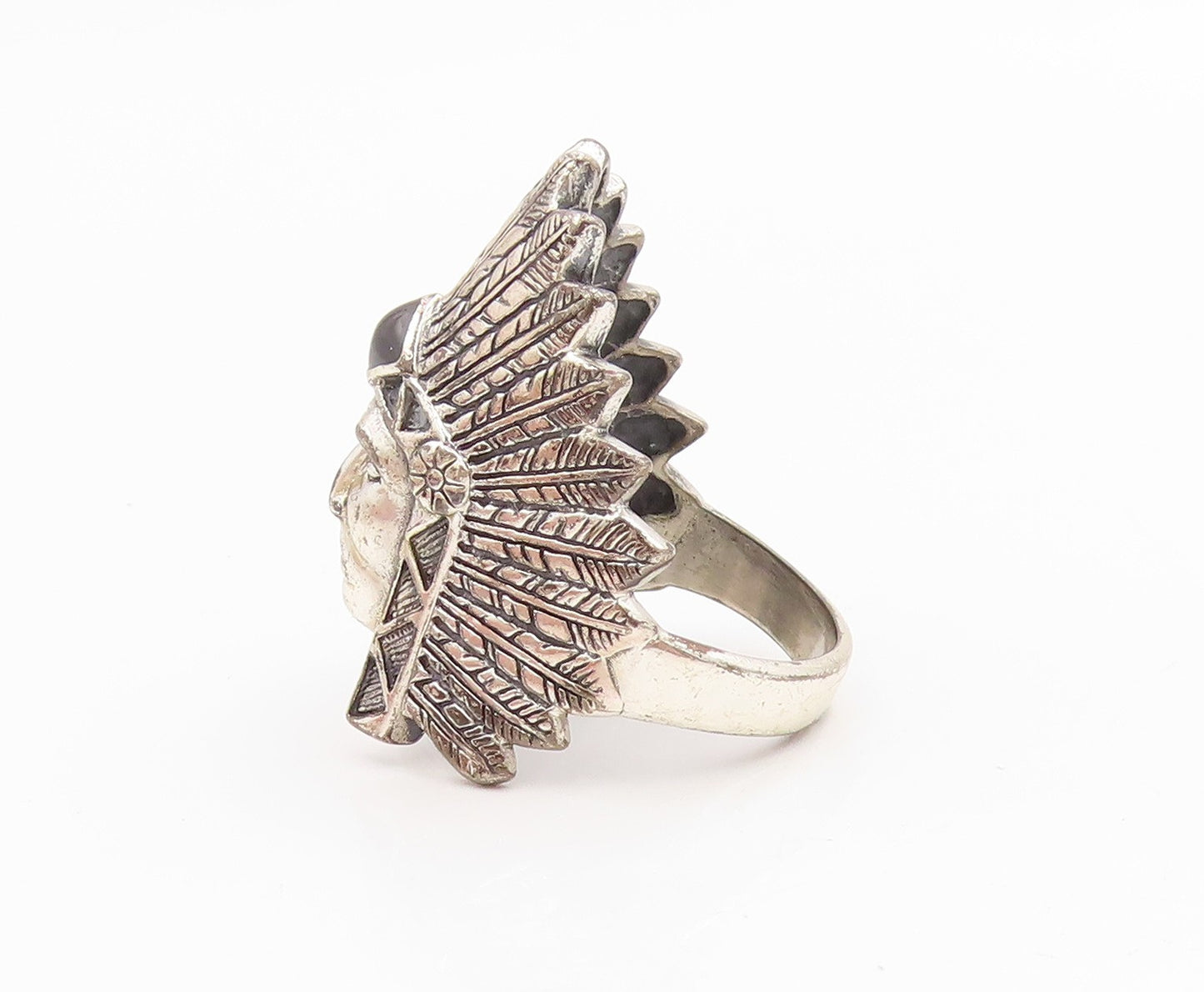 925 Sterling Silver Vintage Ring SILVER CLOUD Onyx Native Chief  Sz 11  RG35353