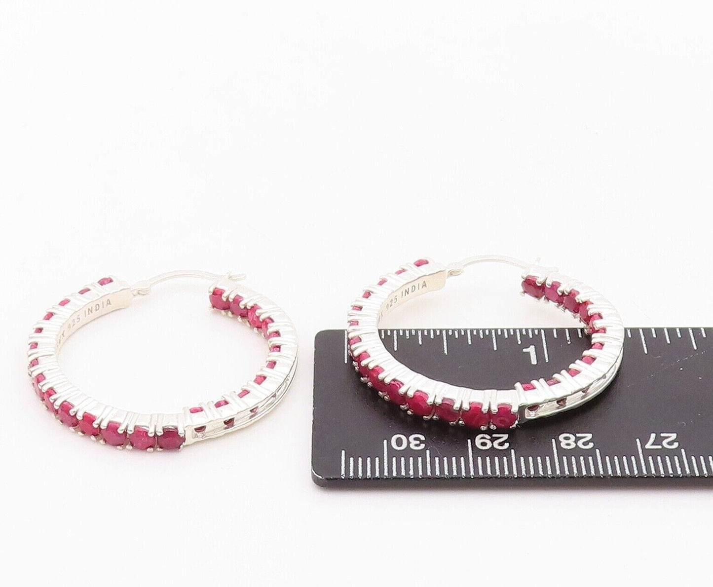 925 Sterling Silver Vintage Earrings Minimalist Ruby Inlay Hoops  EG13153
