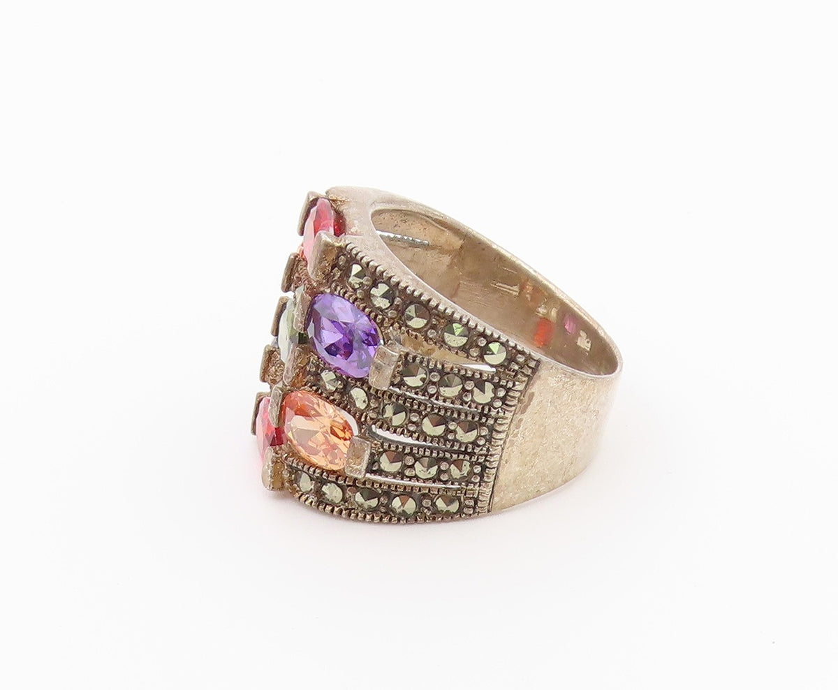 925 Sterling Silver Vintage Ring Multi Gemstone Statement Band  Sz 9  RG36558
