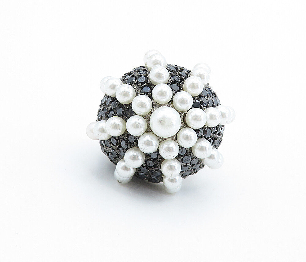 925 Sterling Silver  Pearls & Hematite Modernist Cocktail Ring Sz 7.5  RG6631