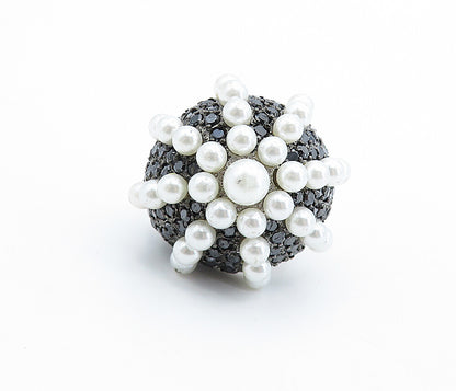 925 Sterling Silver  Pearls & Hematite Modernist Cocktail Ring Sz 7.5  RG6631